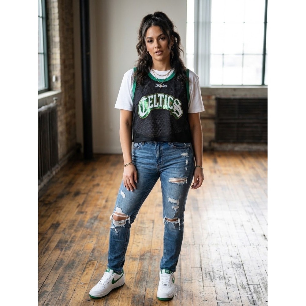 Boston Celtics The Wild Collective Twofer Crop Tee XL Black Mesh Sequins NEW